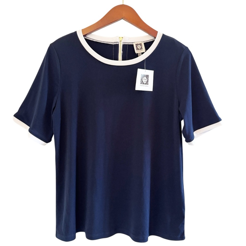 ANNE KLEIN NWT Zip Back Short Sleeve Top Size Large in Color Block Navy